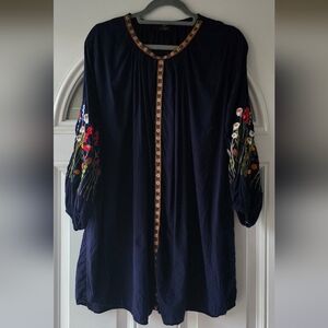 Ansar Fashion Embroidered Puff Sleeve Tunic Top Navy Blue Size Medium